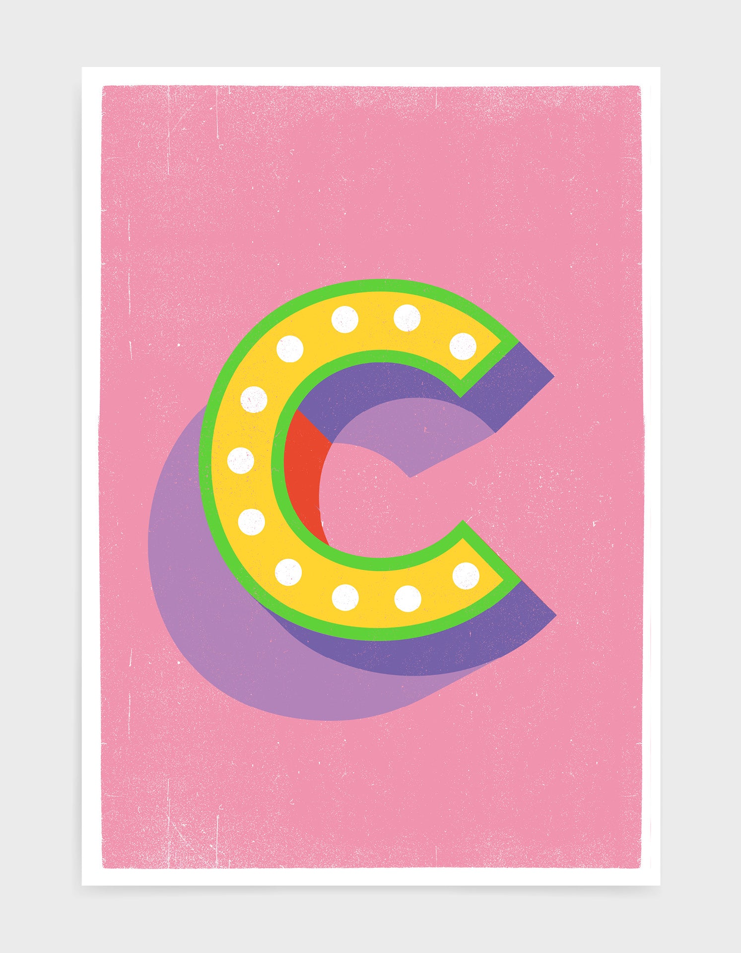 Alphabet print - lights on font in yellow against a pink background - letter c
