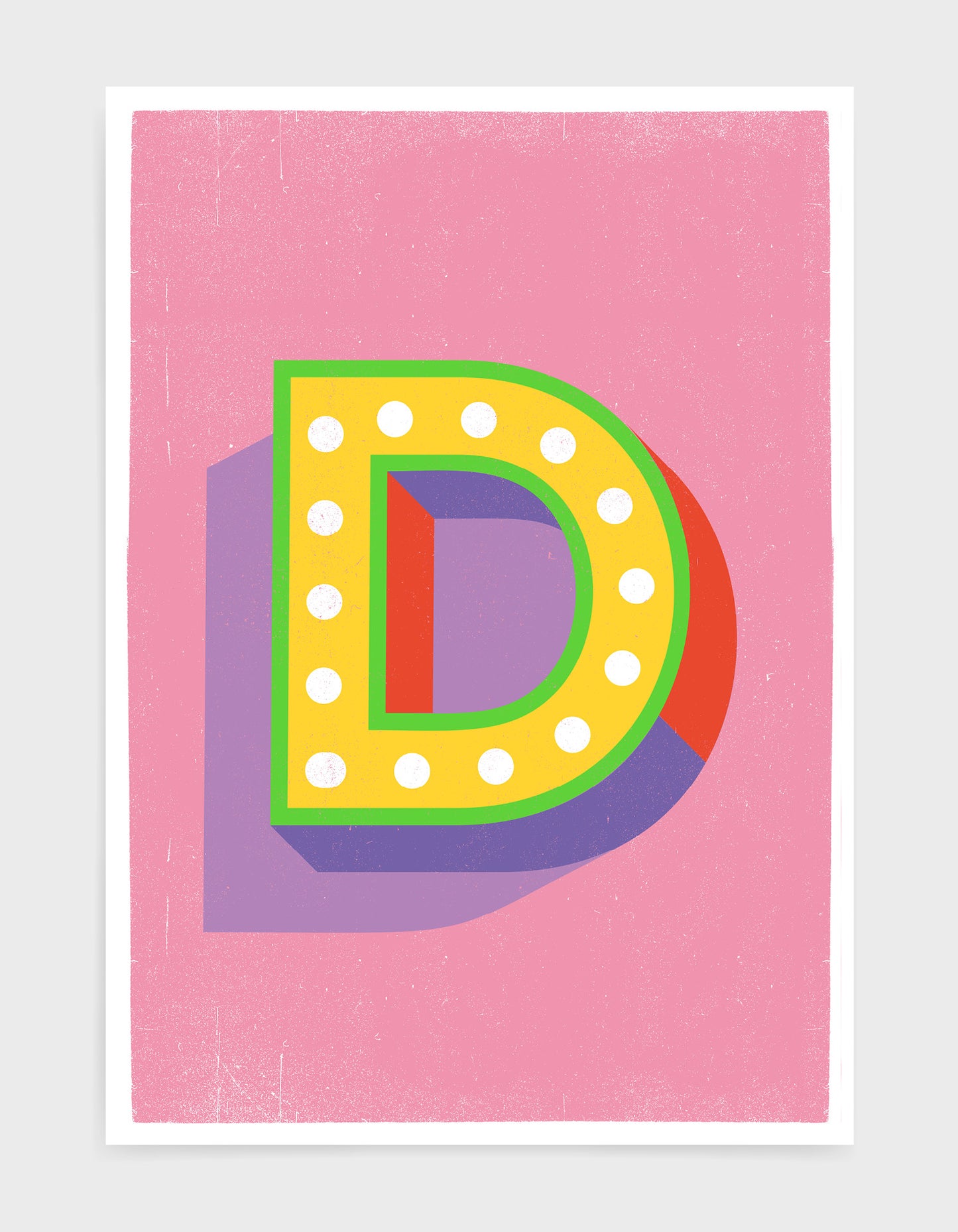 Alphabet print - lights on font in yellow against a pink background - letter d