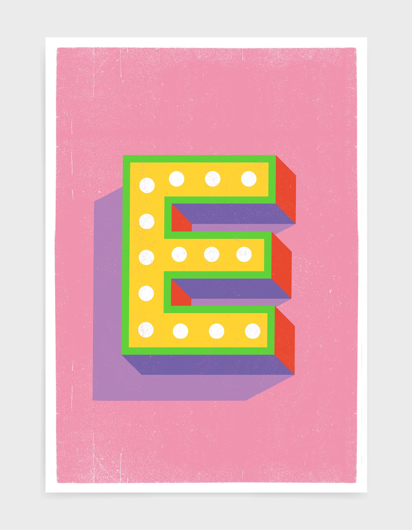 Alphabet print - lights on font in yellow against a pink background - letter e