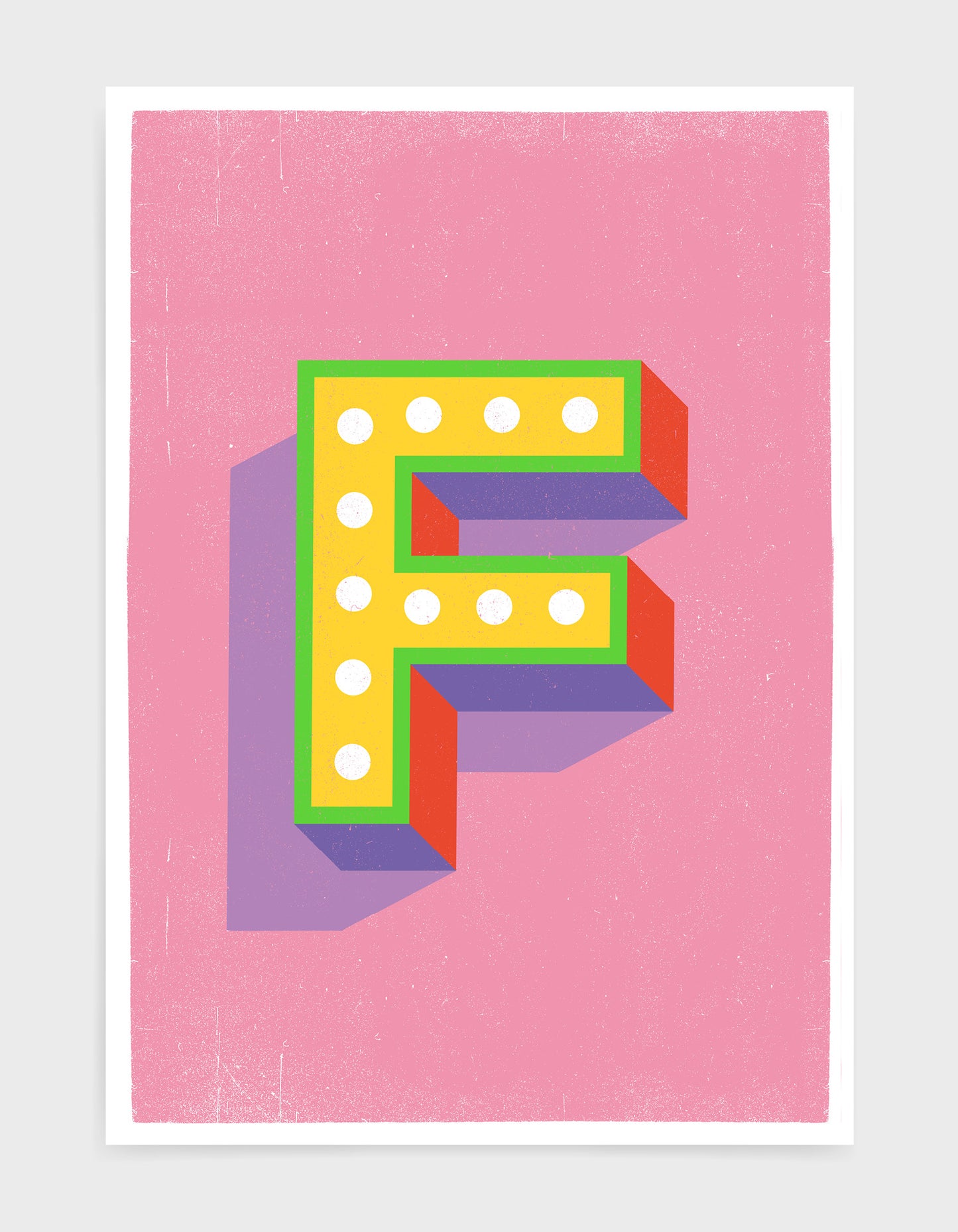 Alphabet print - lights on font in yellow against a pink background - letter f