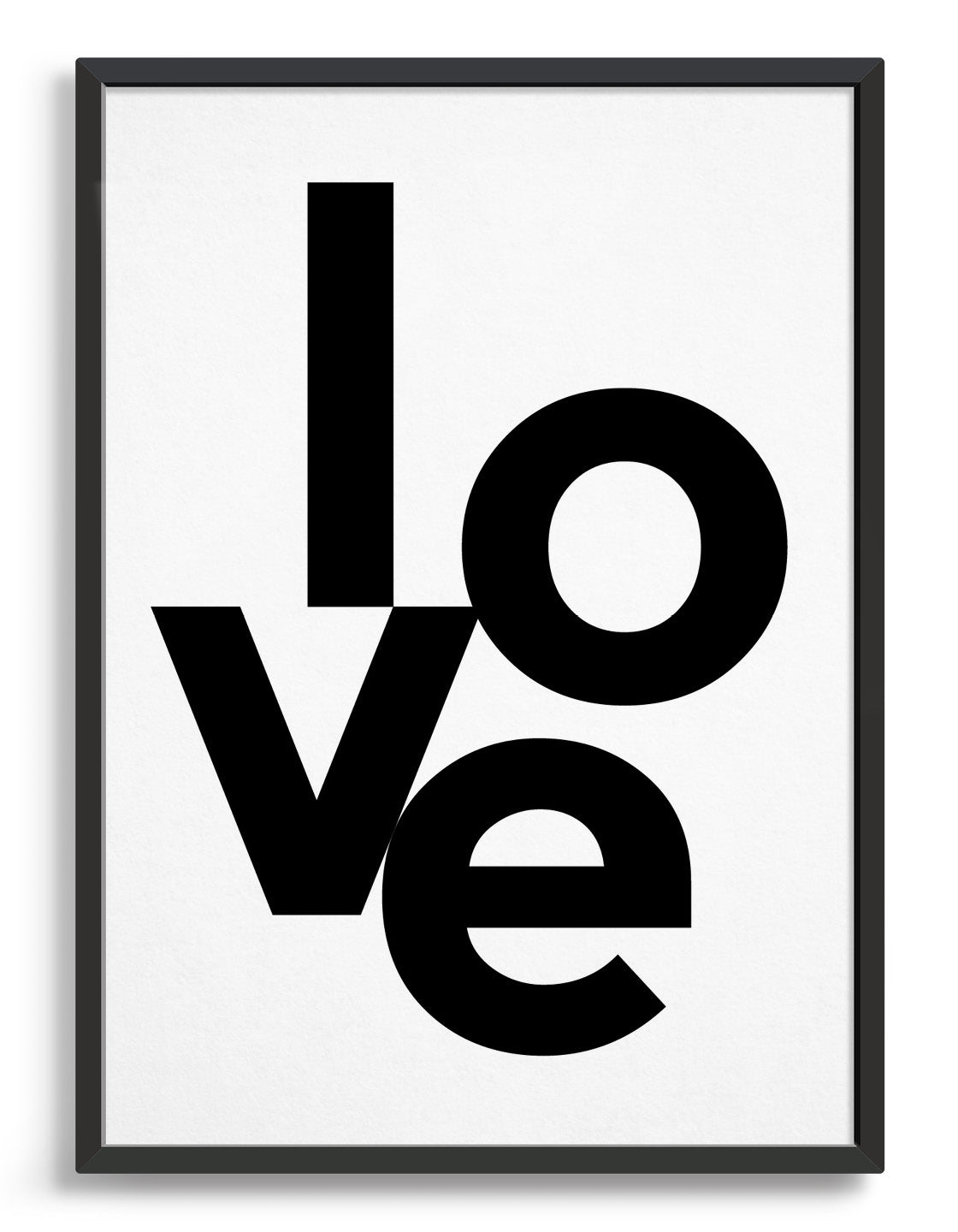 framed typography art print with the word love in black type against a white background