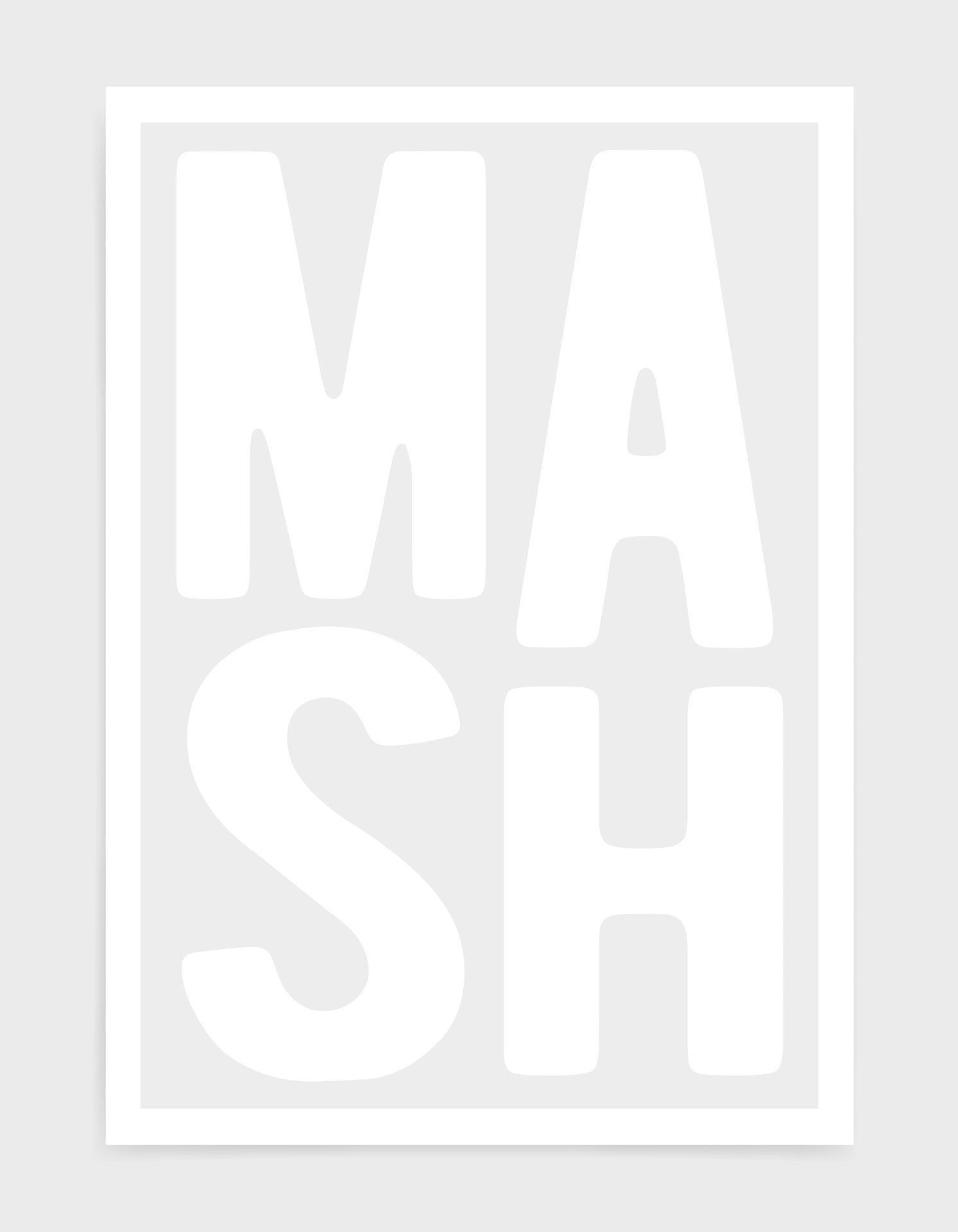 monochrome typography print of the word MASH in white font on a light grey background