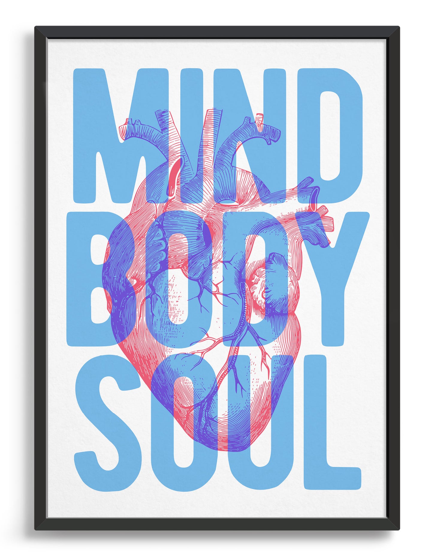 framed typography art print with a vintage heart diagram overlaid with blue text saying Mind Body Soul