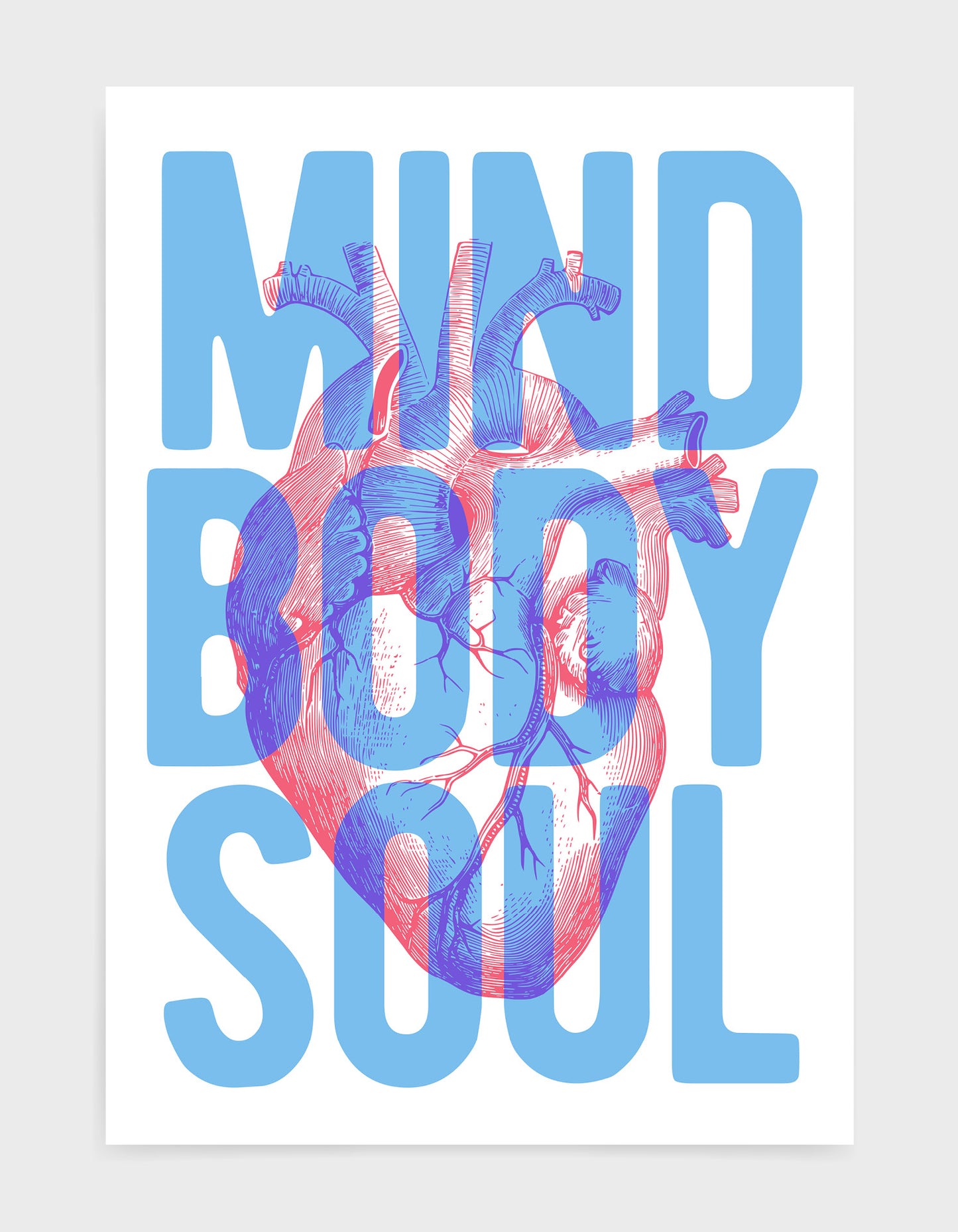 typography art print with a vintage heart diagram overlaid with blue text saying Mind Body Soul