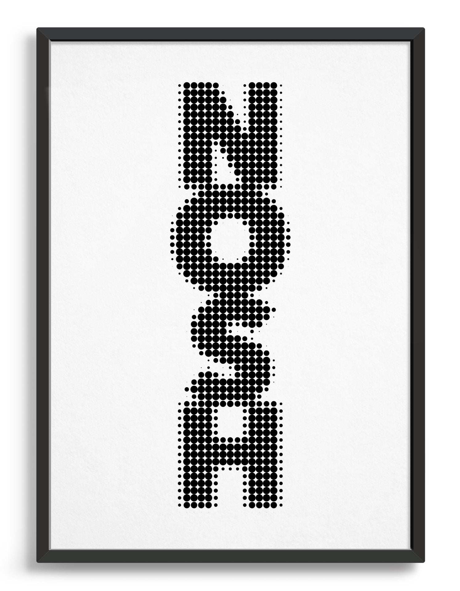 Framed typography art print of the word NOSH written vertically in black text on a white background