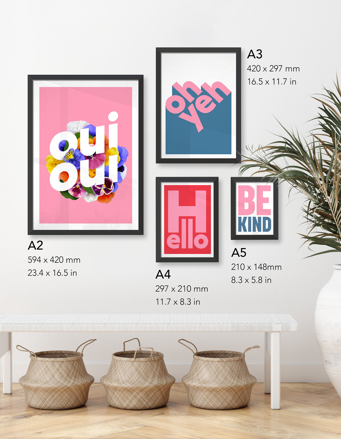 image depicting four different size prints available in the poo and Oui Oui collection; A5, A4, A3 and A2