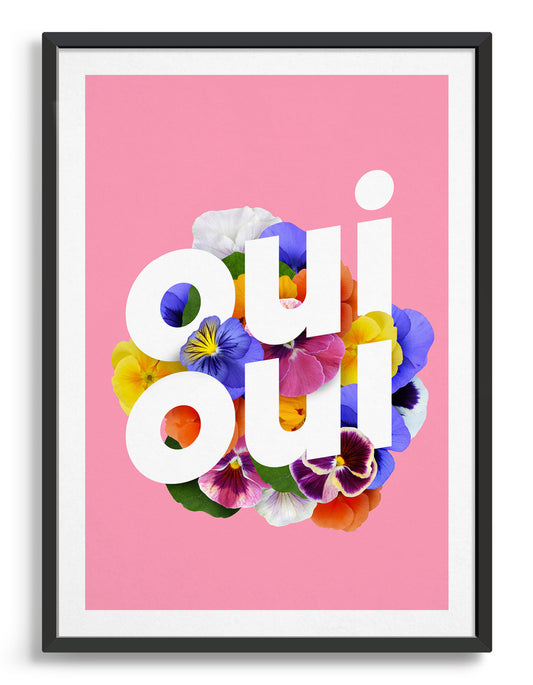 Pink Oui Oui art print with baby pink background and sweetpea flower design