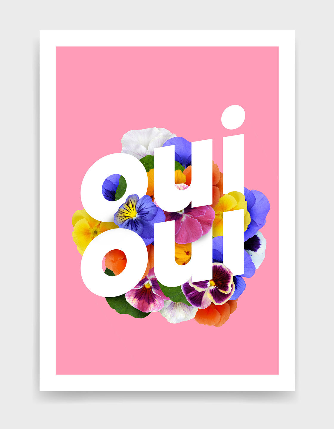 Pink Oui Oui art print with baby pink background and sweetpea flower design