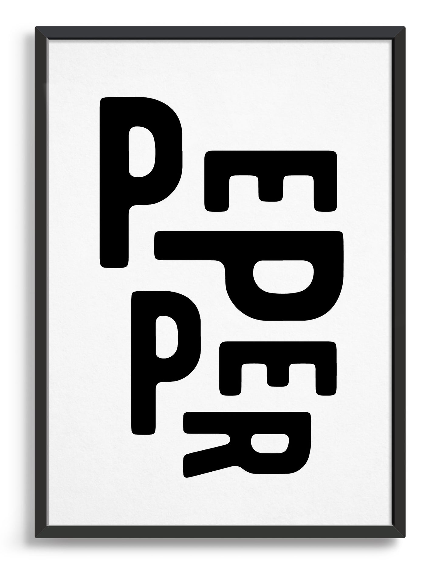 Framed typography art print of the word pepper in black text against a white background