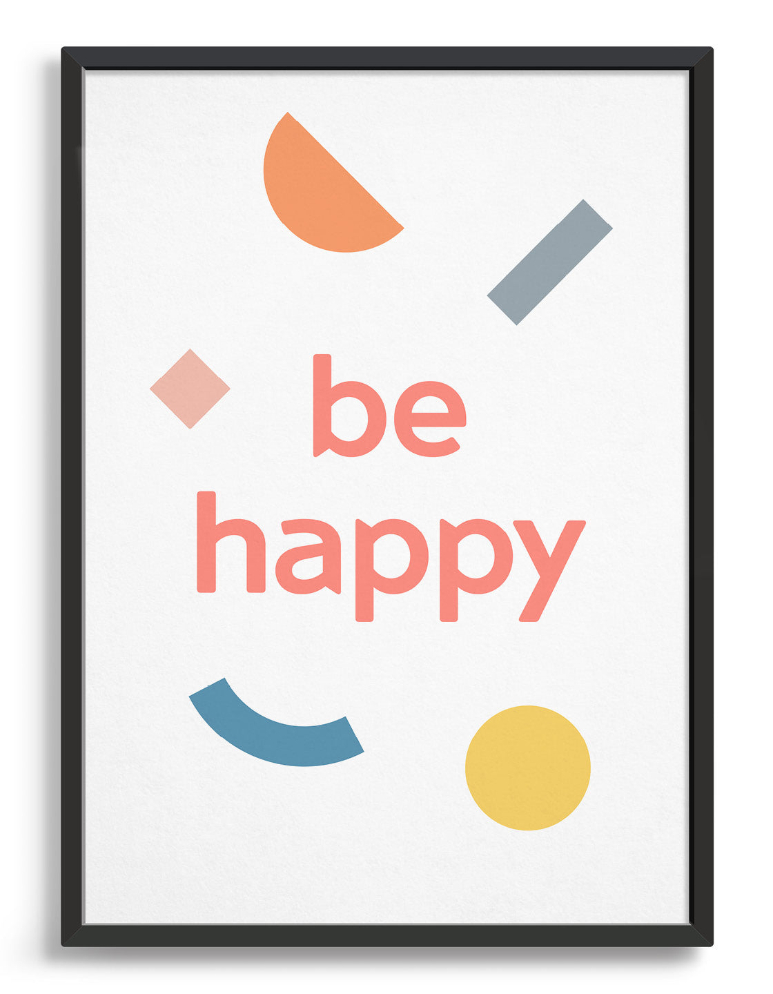 be happy motivational typography print in pink lettering against a white background with multi coloured pastel shapes
