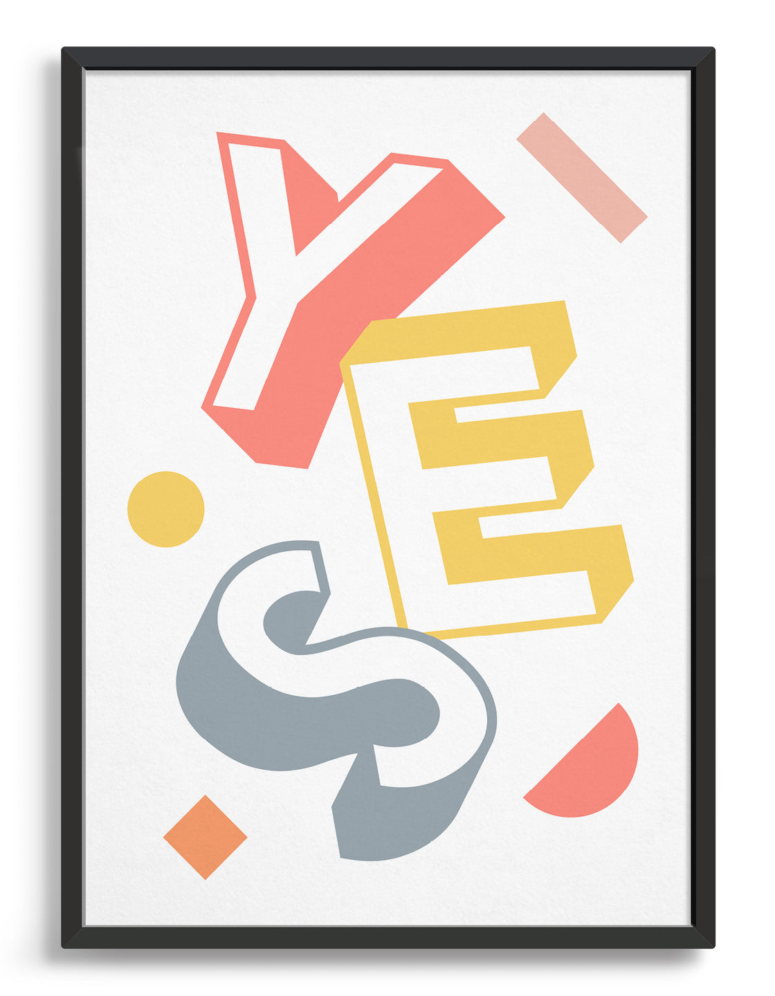 Yes typography print in bold coloured lettering against a white background with multi coloured abstract shapes