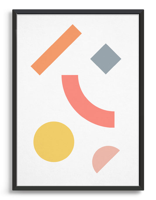 Modern abstract art print with geometric multi coloured shapes against a white background