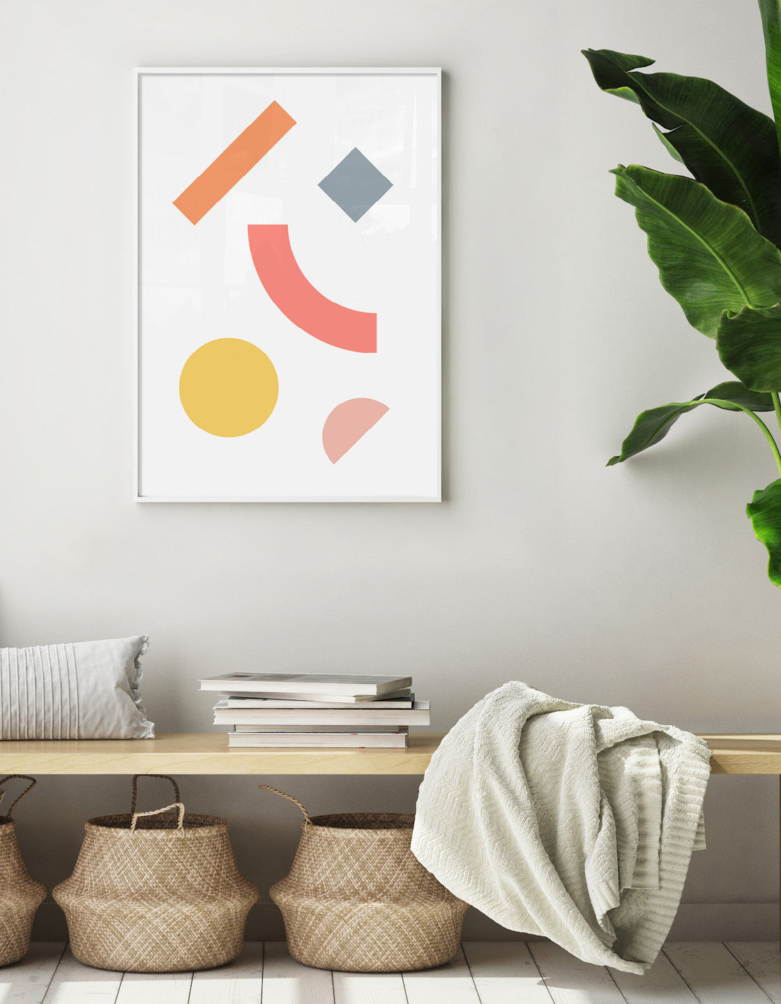 Modern abstract art print with geometric multi coloured shapes against a white background