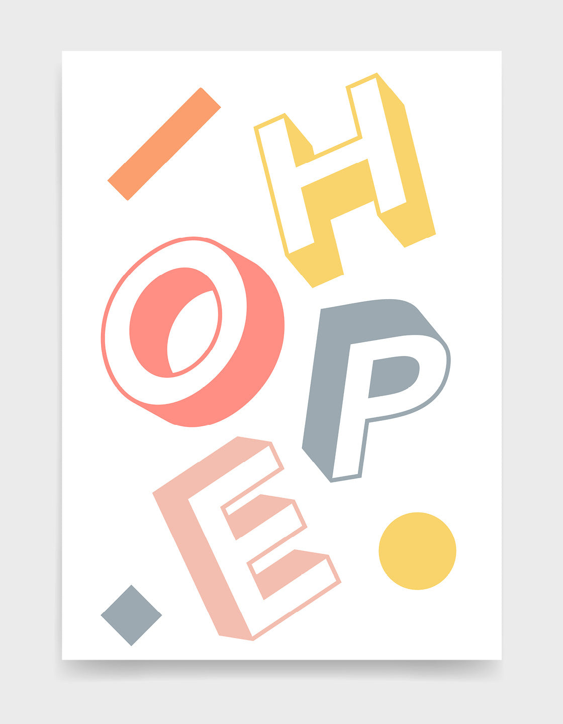 Typography print with the word hope in pastel coloured bold letters against a white background