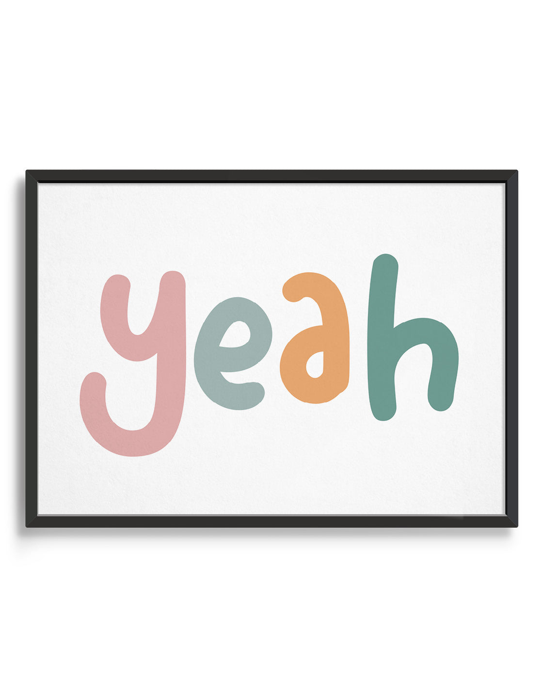 multi colour text typography print of the word yeah in childish font against a white background