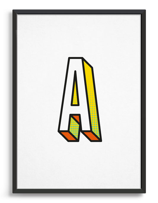 Letter A 3D style initial print with black outline and yellow and orange detail against a white background