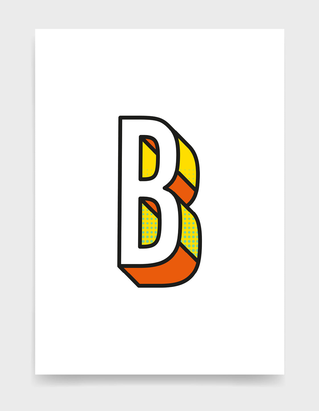 Letter B 3D style initial print with black outline and yellow and orange detail against a white background