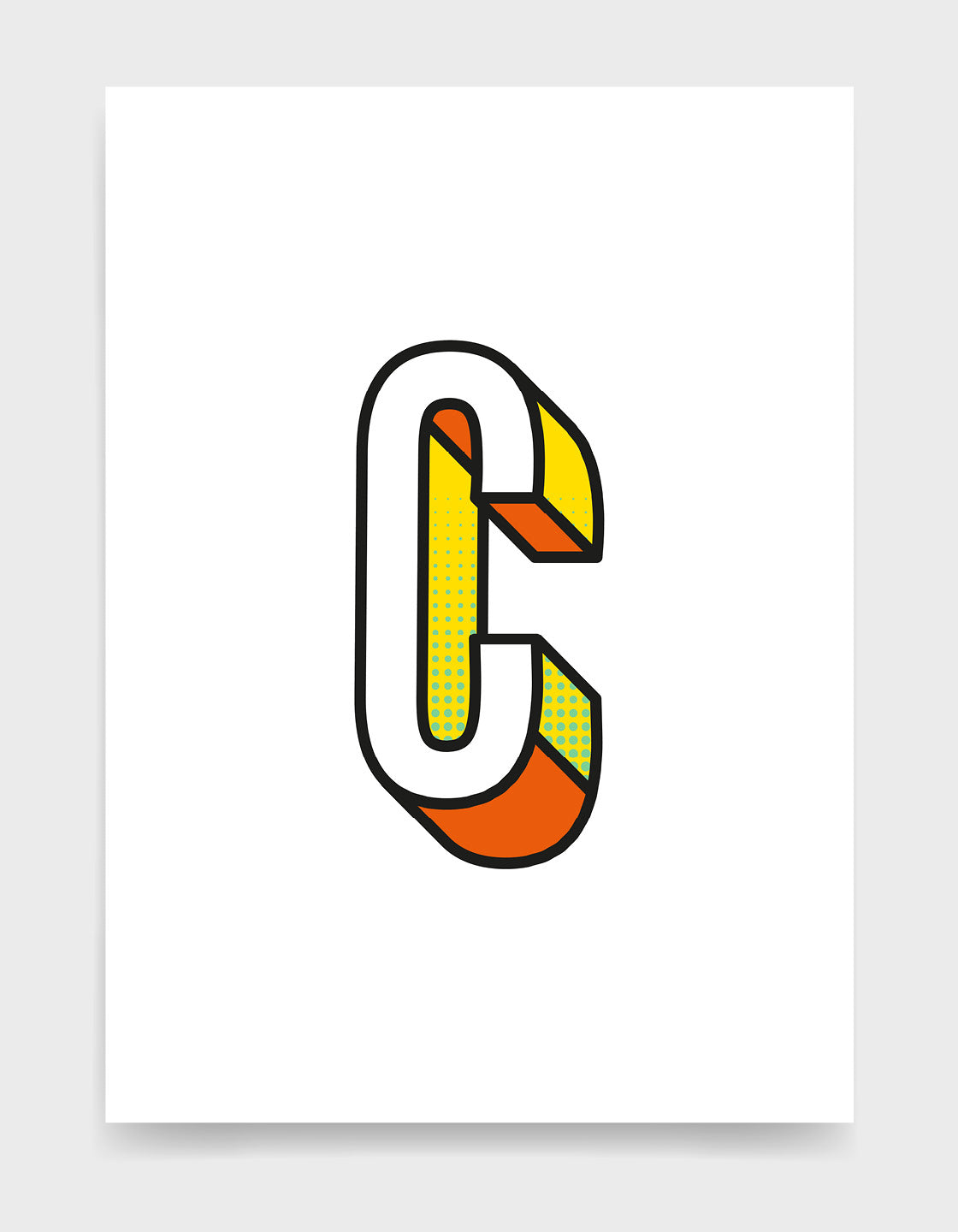 Letter C 3D style initial print with black outline and yellow and orange detail against a white background