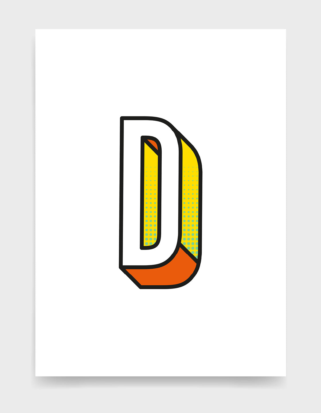 Letter D 3D style initial print with black outline and yellow and orange detail against a white background
