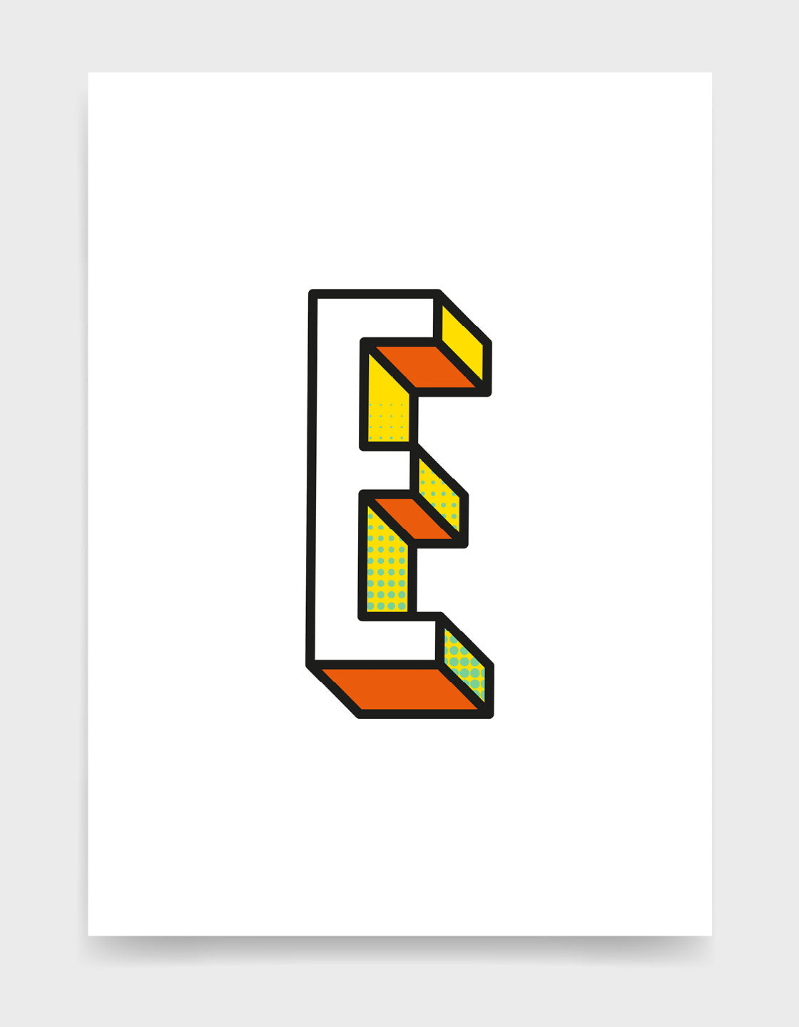 Letter E 3D style initial print with black outline and yellow and orange detail against a white background