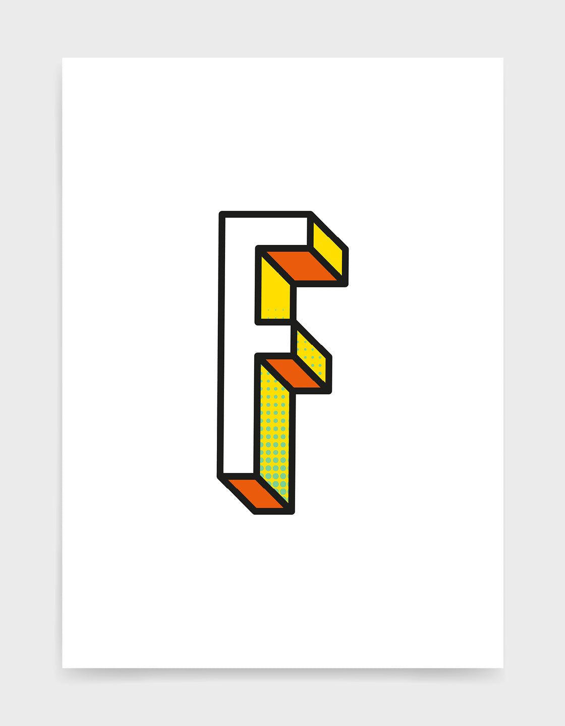 Letter F 3D style initial print with black outline and yellow and orange detail against a white background