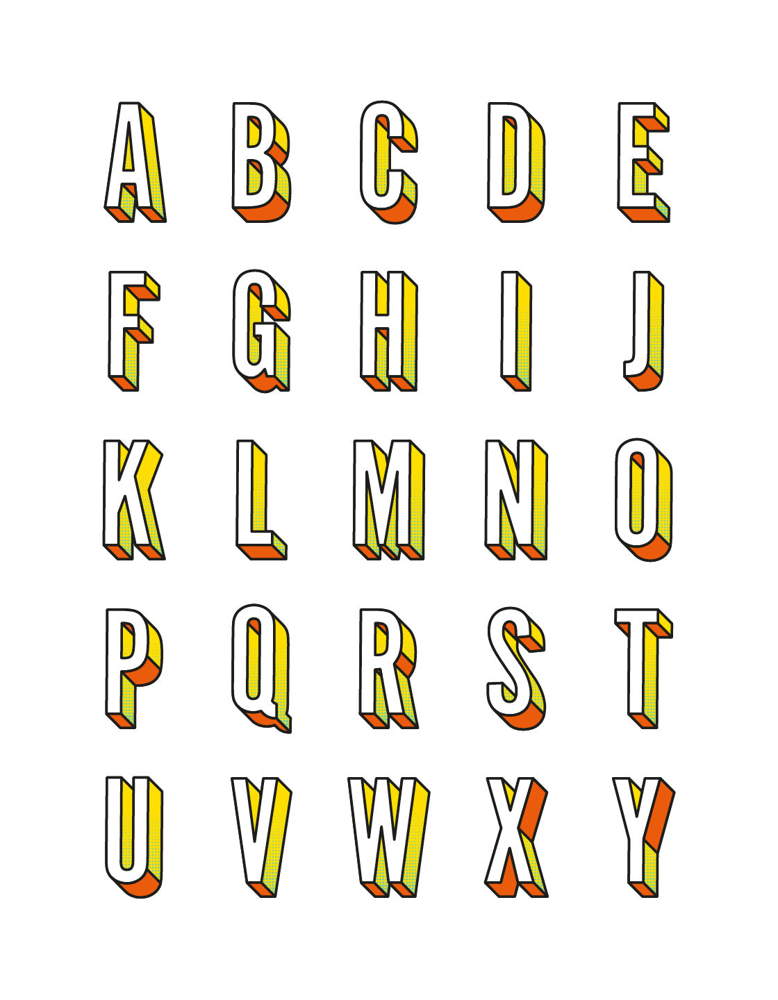 Image depicting all the letters of the alphabet in a 3D block font against a white background