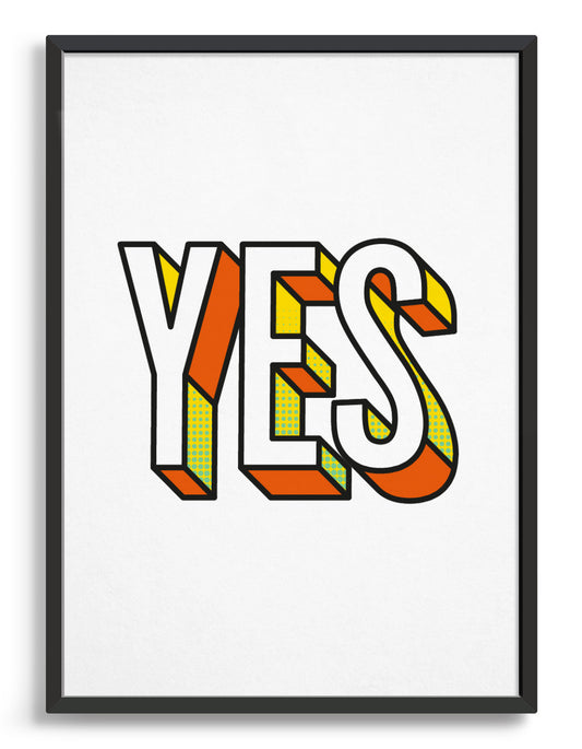 Yes bold typography print in 3D custom font with yellow and orange accents against a white background