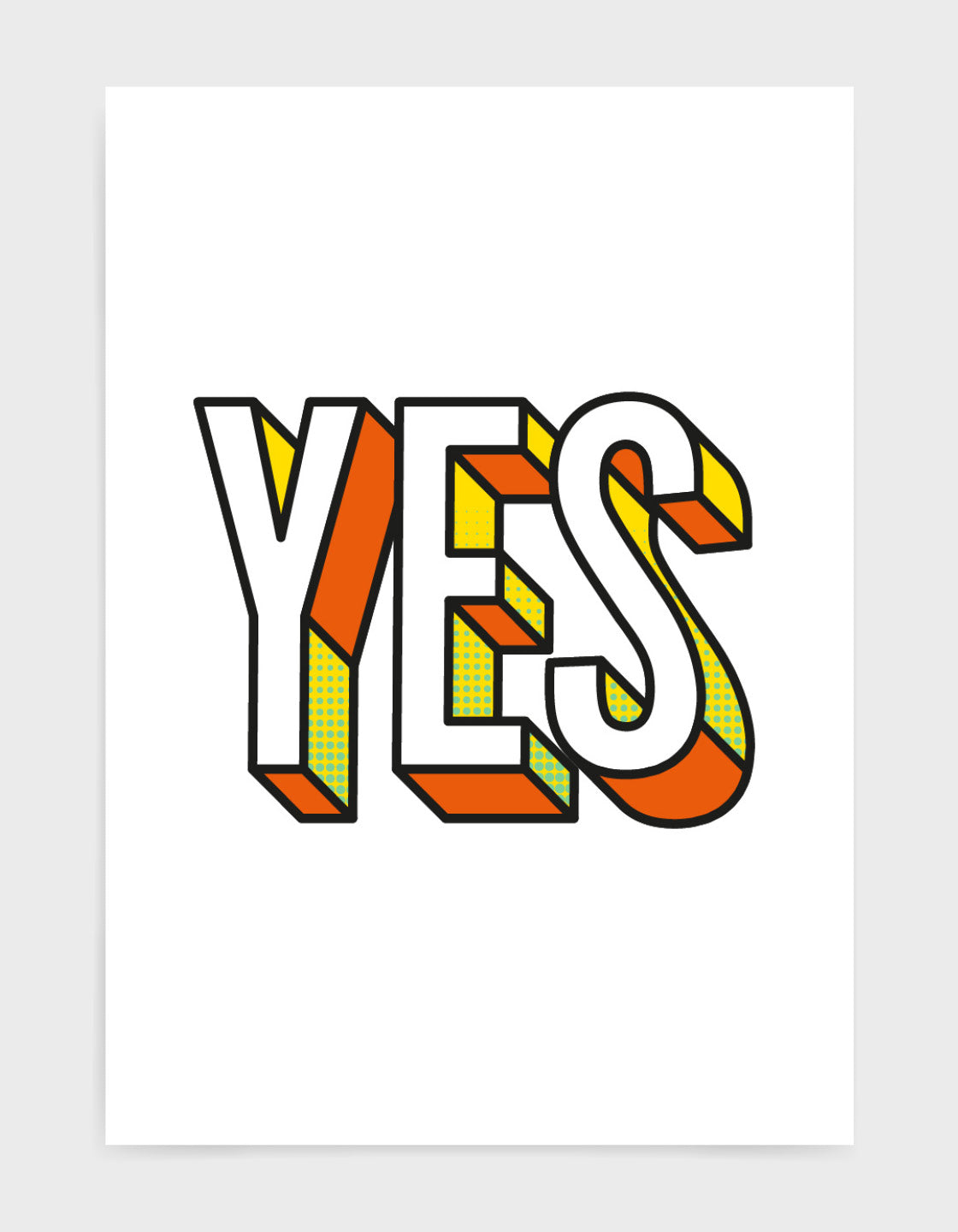 Yes bold typography print in 3D custom font with yellow and orange accents against a white background