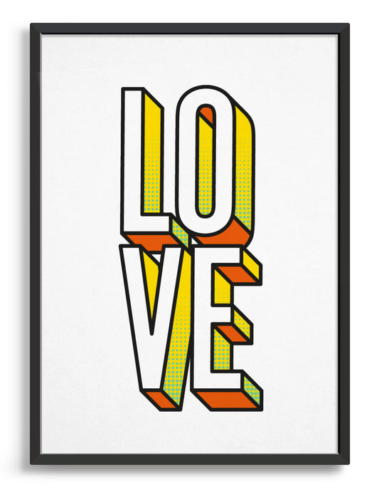 Bold modern typography print of the word LOVE in 3D custom font with yellow and orange accents against a white background
