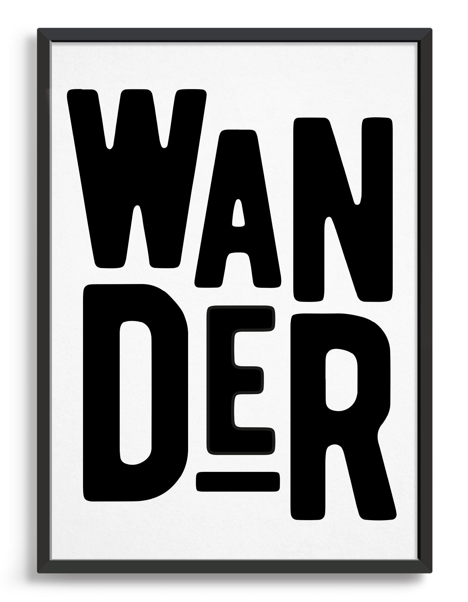 Framed typography art print of the word Wander in black text against a white background