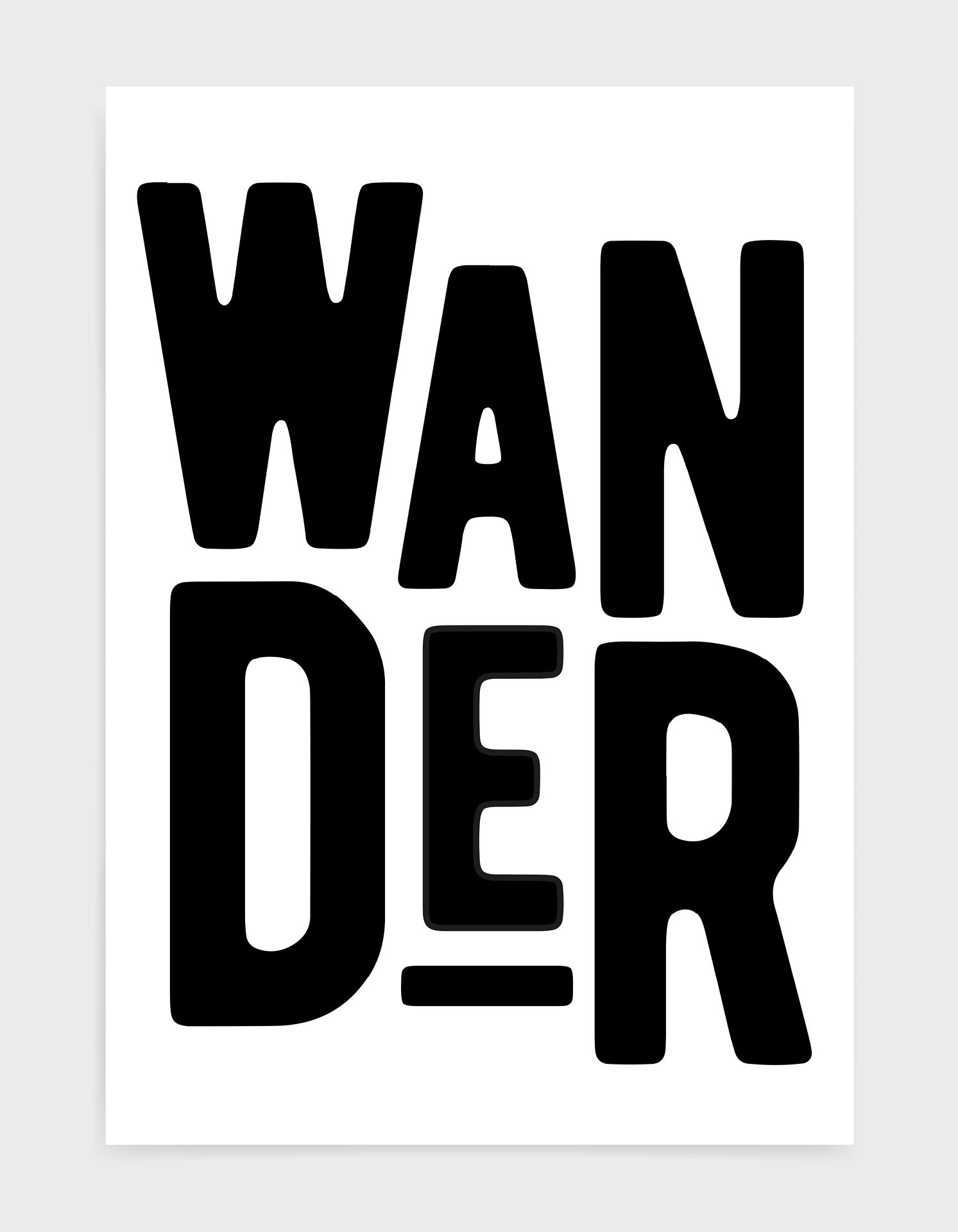 typography art print of the word wander in black text against a white background