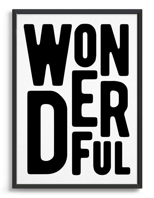framed typography art print of the word wonderful in black text on a black background