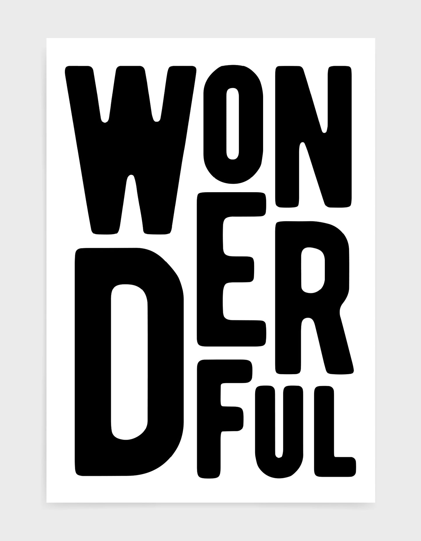 monochrome typography art print of the word wonderful in black text on a black background