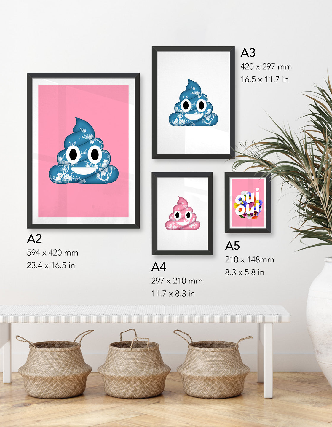 image depicting four different size prints available in the poo emoji collection; A5, A4, A3 and A2