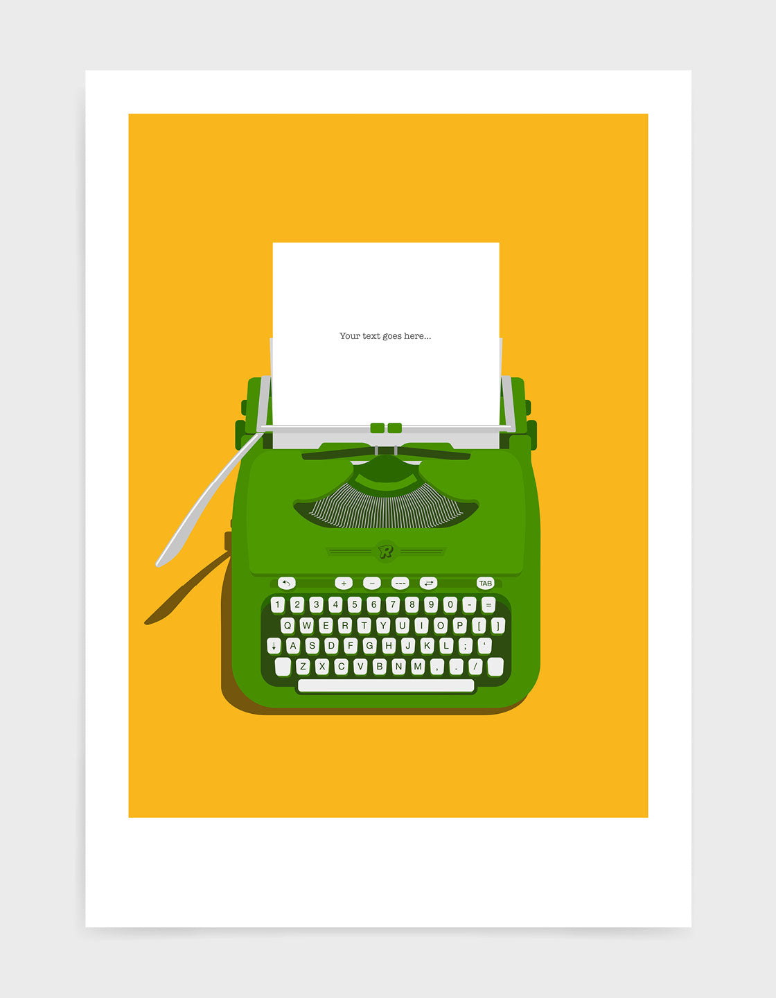 Art print showing a retro vintage typewriter in green with paper in the top and space to personalise the text. Set against a bright yellow background