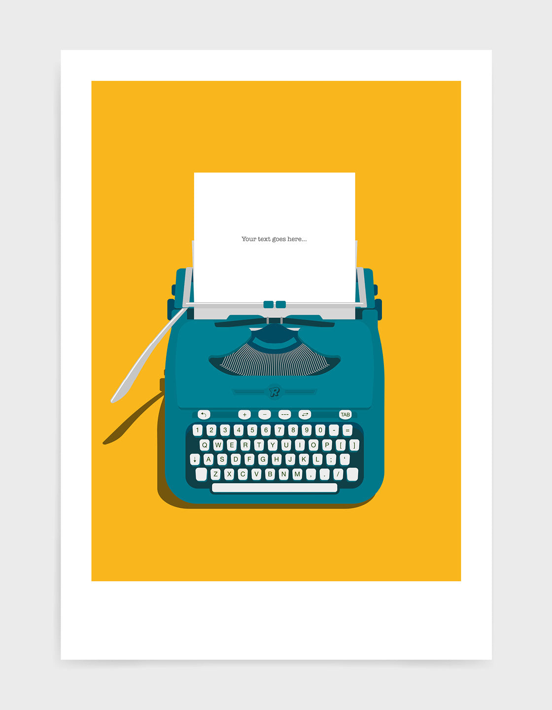 Art print showing a retro vintage typewriter in teal with paper in the top and space to personalise the text. Set against a bright yellow background