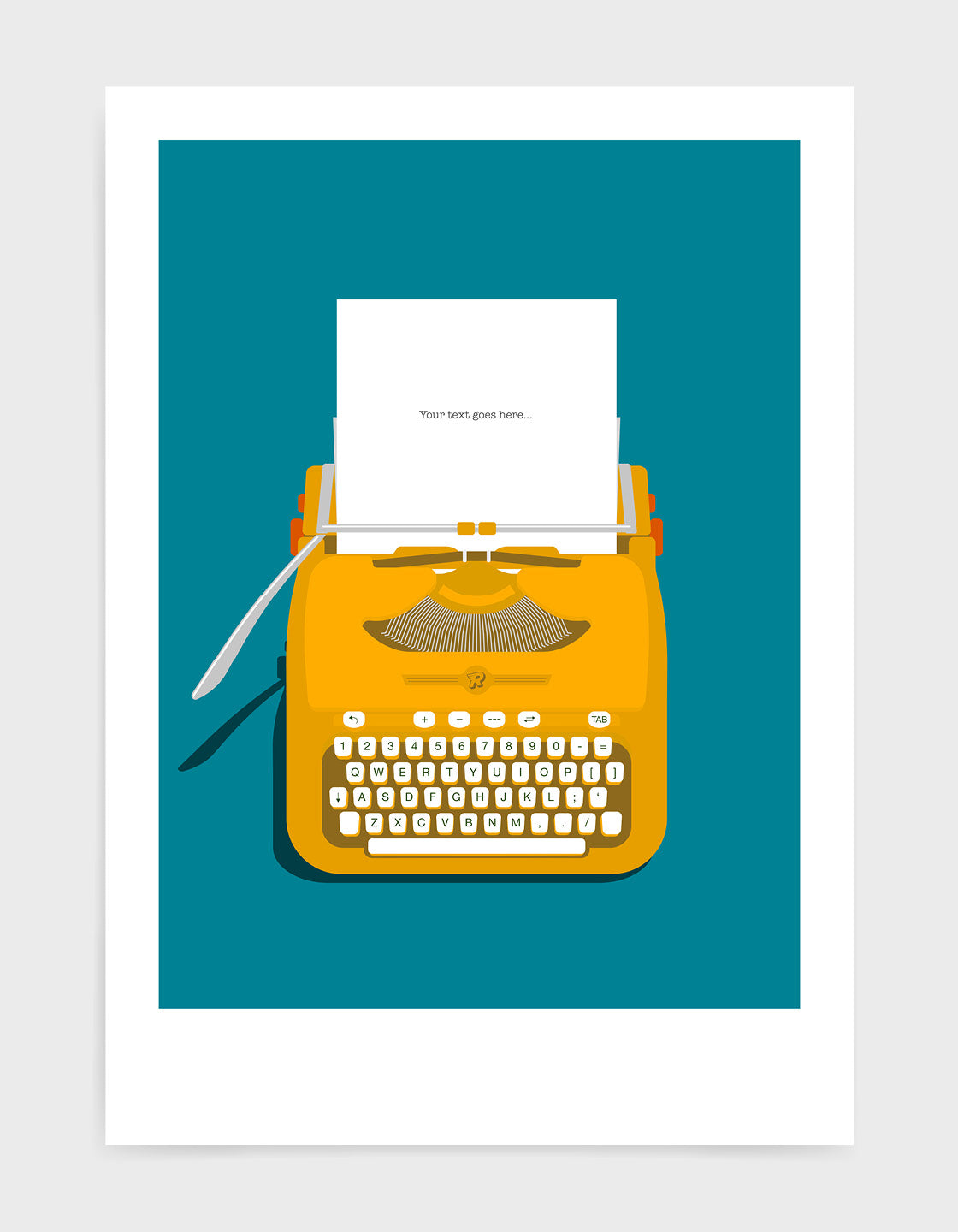 Art print showing a retro vintage typewriter in yellow with paper in the top and space to personalise the text. Set against a bright blue background
