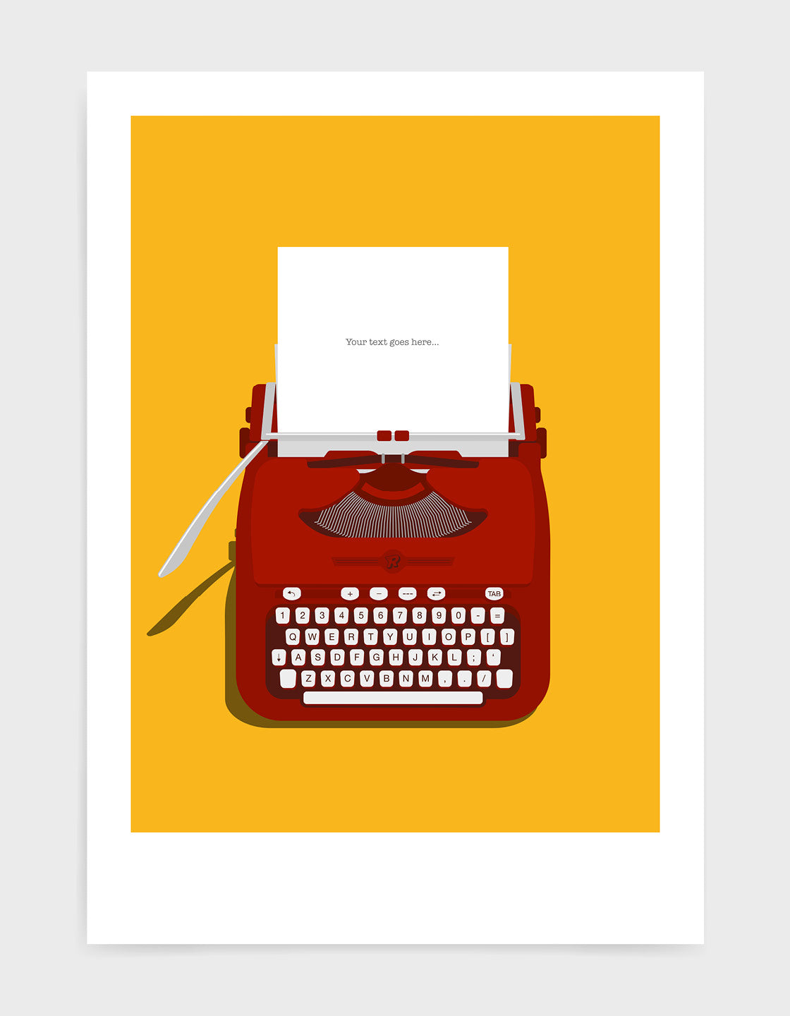 Art print showing a retro vintage typewriter in red with paper in the top and space to personalise the text. Set against a bright yellow background
