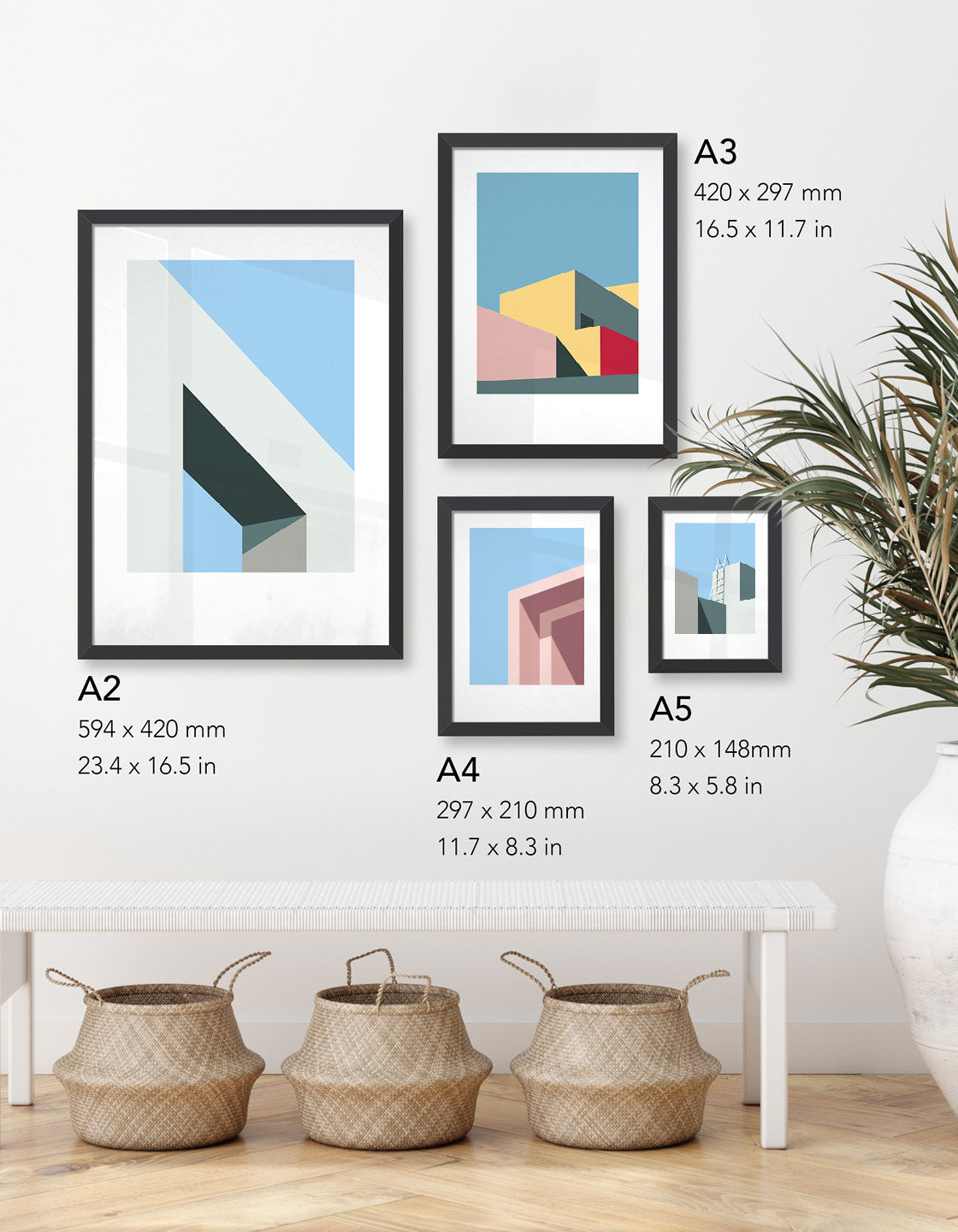 Image showing a variety of styles from the abstract collection in a gallery wall setting to illustrate the different sizes 