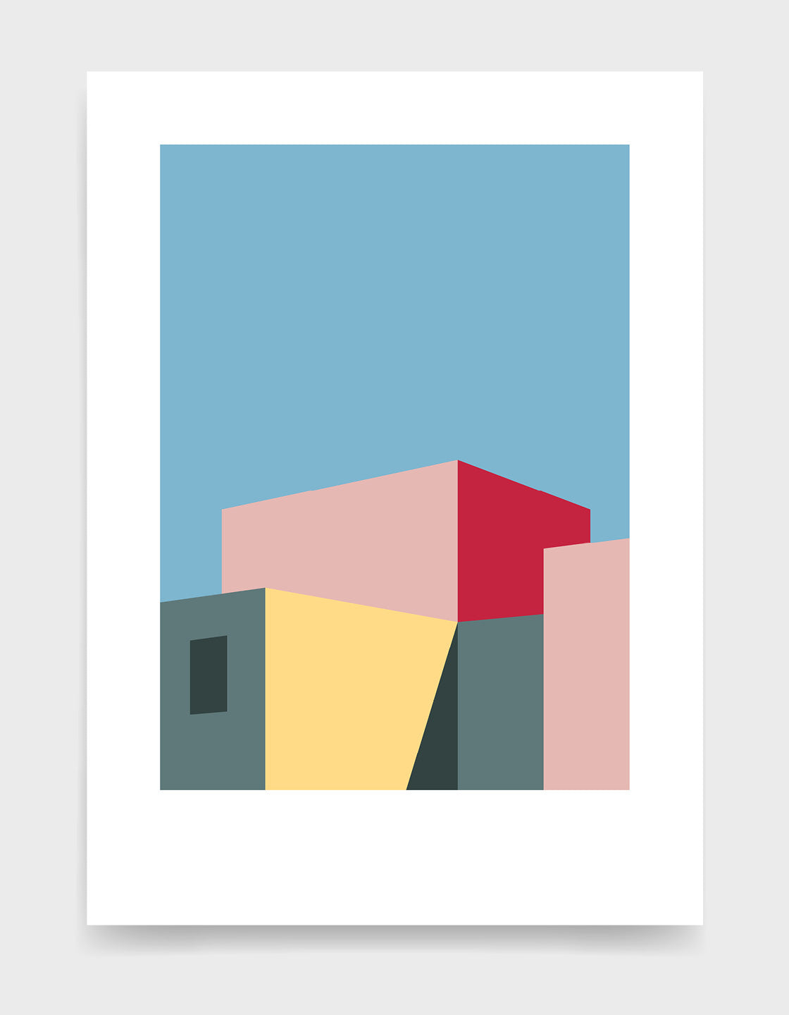 Geometric abstract art print depicting a building in shadow