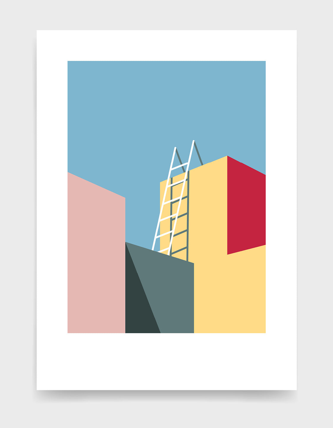 architectural style geometric abstract art print with building tops in shadow and ladder