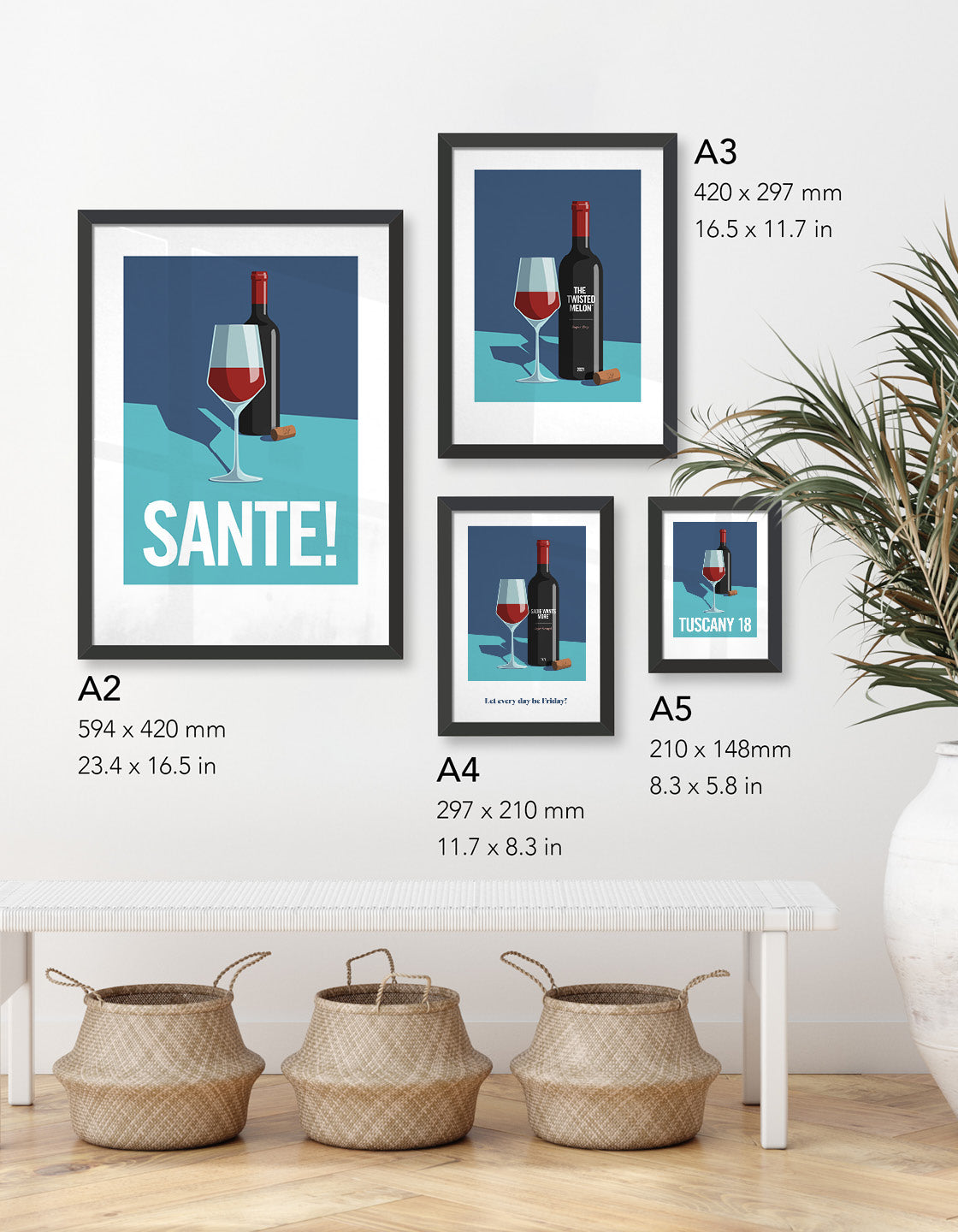 Image depicts the range of Personalised wine bottle prints in different sizes on the wall 