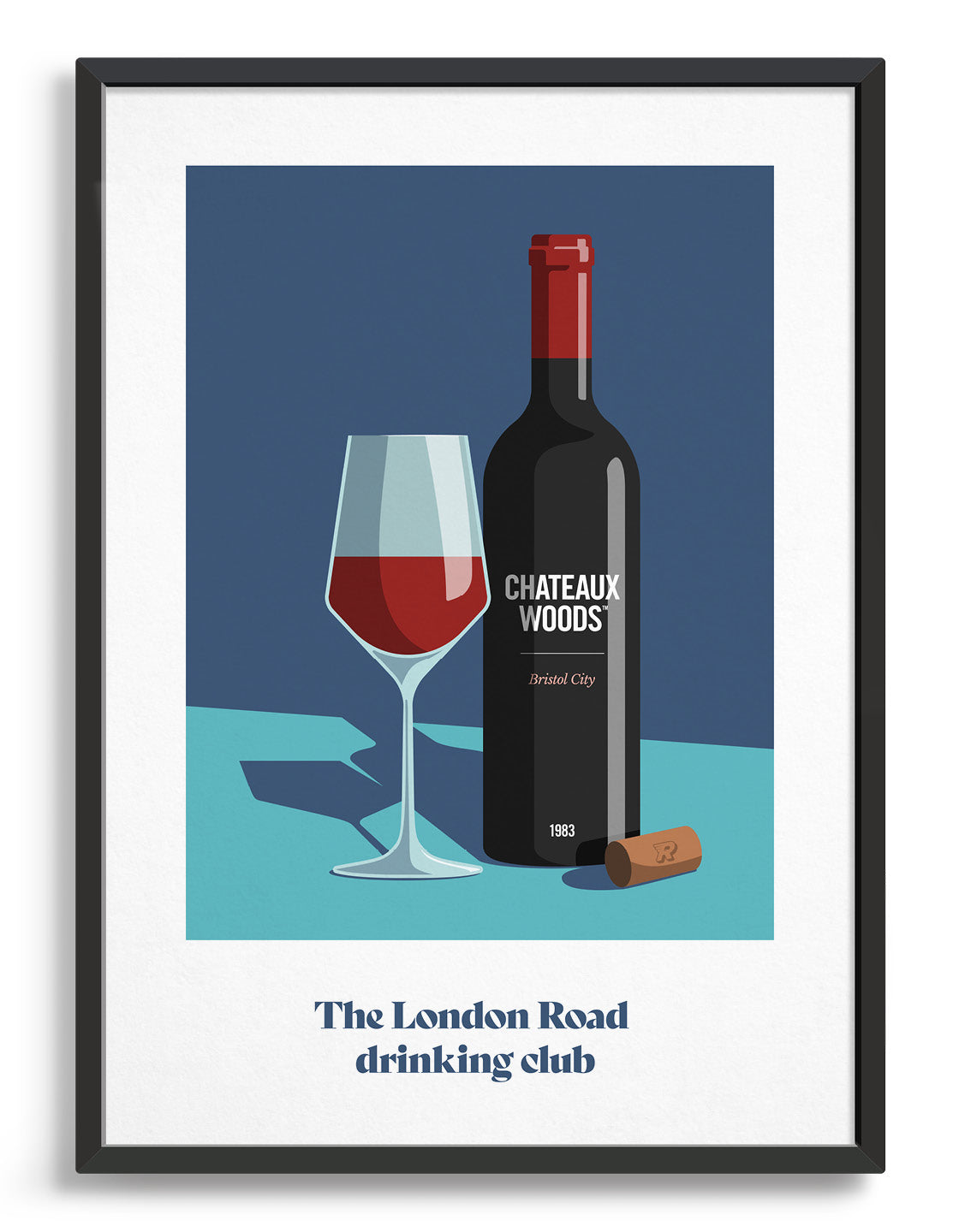 red wine bottle Personalised art print. Add custom text to four areas on the bottle. Depicted against a dark blue and turquoise background with a glass half full of wine and a cork on the side