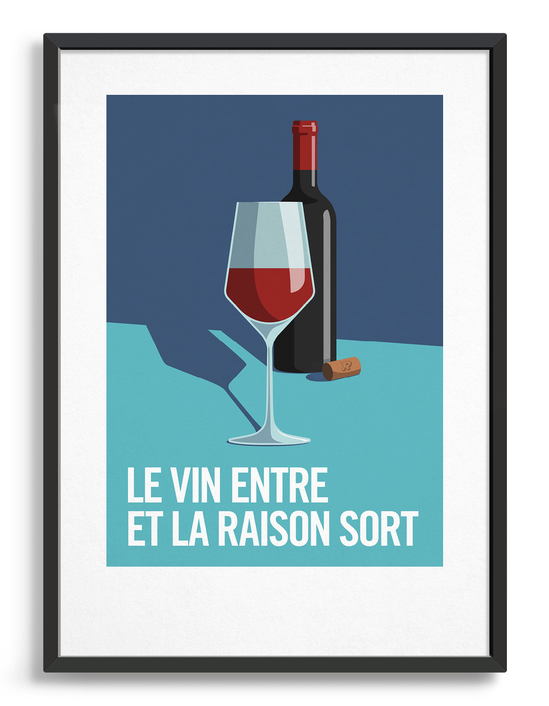image depicts a bottle of red wine and a half filled glass with a discarded cork. Set against a blue and turquoise background