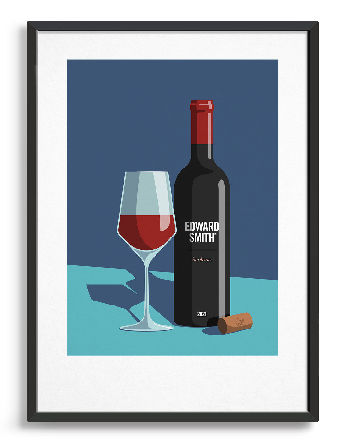 Minimal art print showing a wine glass half filled with red wine stood next to a bottle with white text. A cork lays on the side. Print has a dark blue background in the top two thirds and a turquoise background for the bottom third