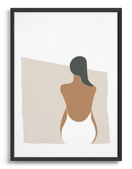 Minimal art print in earthy tones depicting a woman in swimsuit with her back facing the viewer