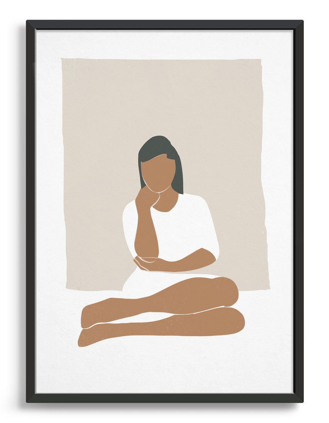 Abstract art print of woman in muted tones sitting with knees to one side and hand on chin