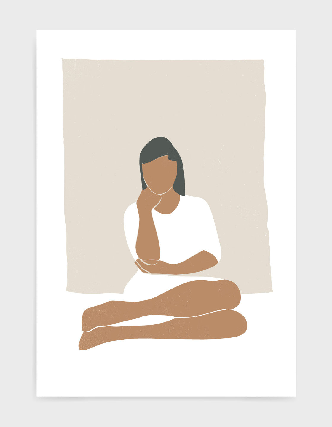 Abstract art print of woman in muted tones sitting with knees to one side and hand on chin