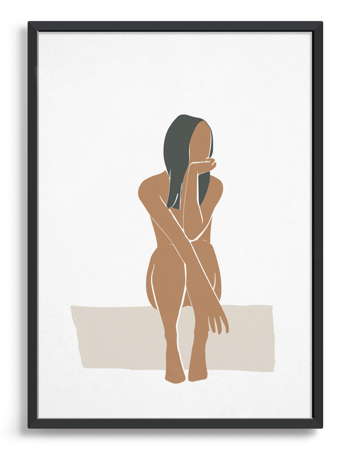 Minimal poster print depicting a nude woman with long dark hair sitting with legs up and arms on her knees looking off to one side
