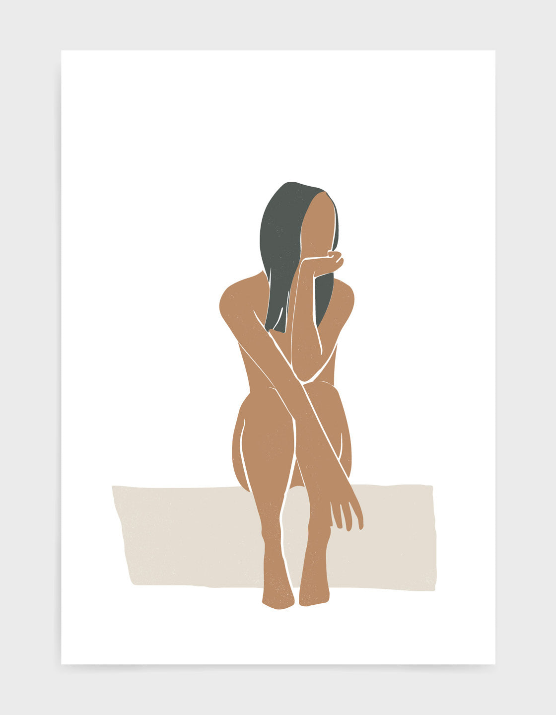 Minimal poster print depicting a nude woman with long dark hair sitting with legs up and arms on her knees looking off to one side